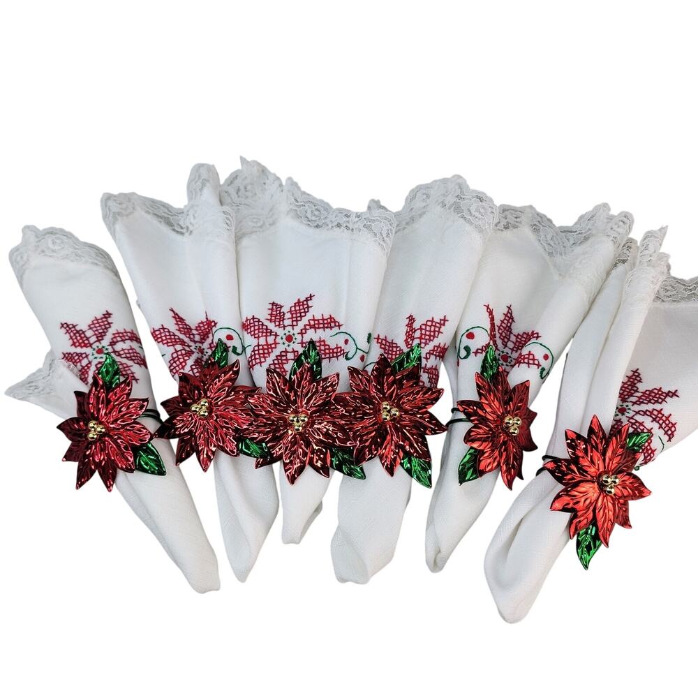 Vintage Christmas Linen Napkins Set o 6 Metal Rings Lace Cross Stitch Poinsettia - Picture 1 of 15